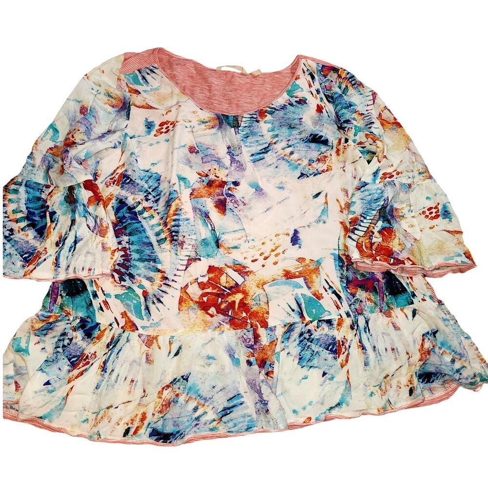 Soft Surroundings 3/4 Bell Sleeves Yvette Flowy Ruffle Hem Blouse XL